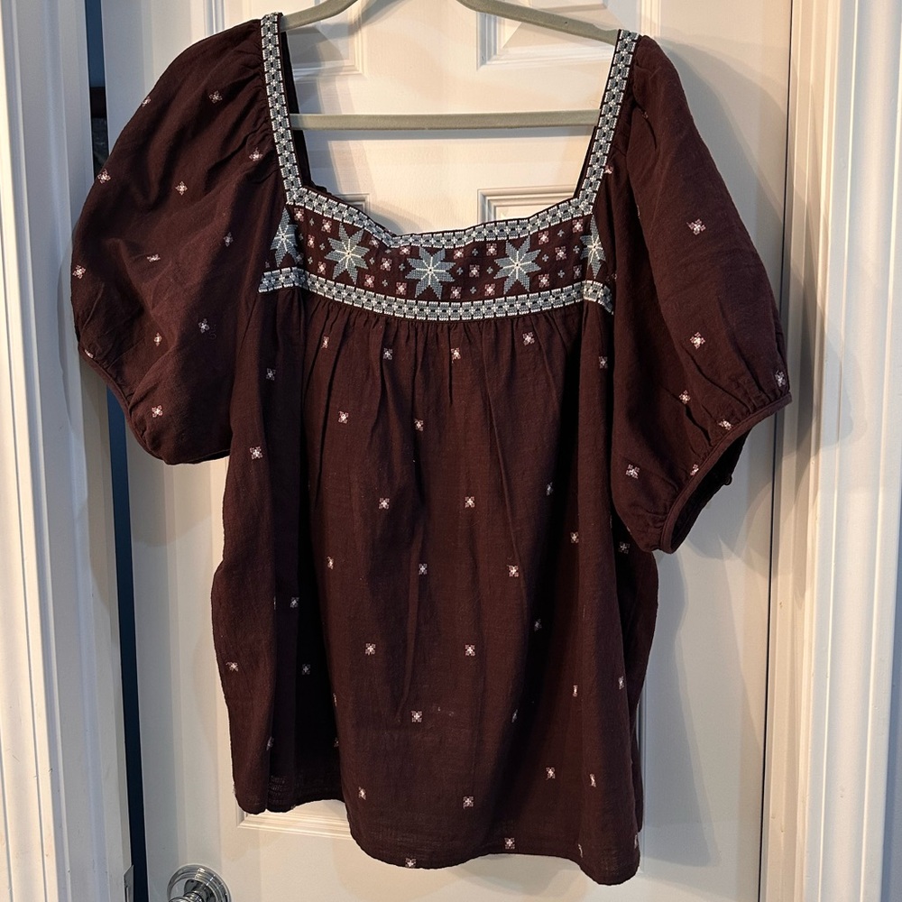 Madewell Retro Style Embroidered Square-Neck peasant blouse